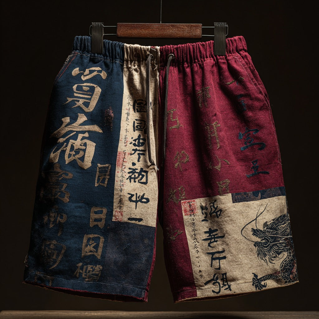 Retro Japanese Calligraphy and Dragon Art Pattern Linen Shorts