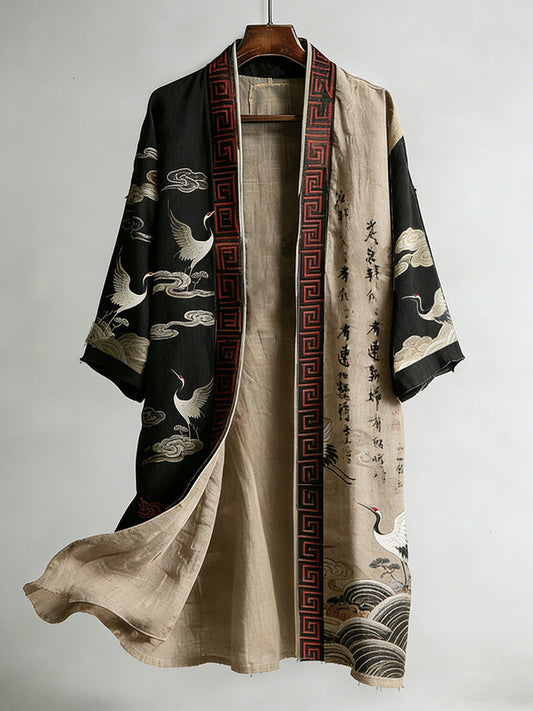 Japanese Calligraphy and Crane Art Combined in a Linen Blend Kimono