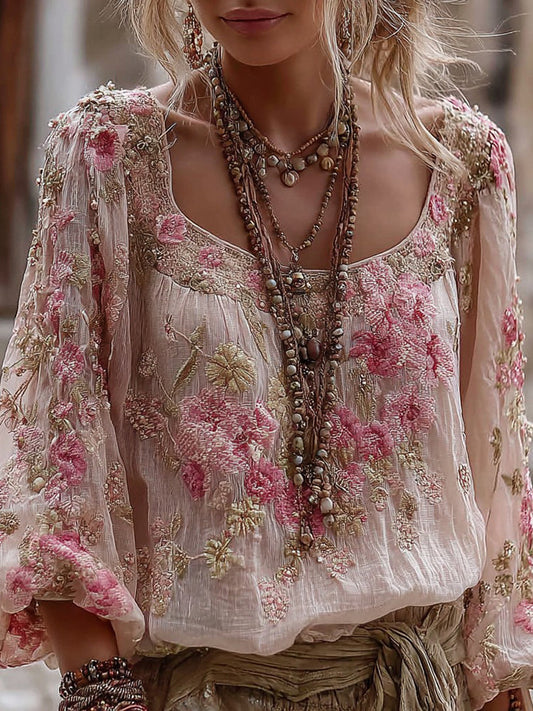 Vintage Floral Pattern Casual V-Neck Shirt