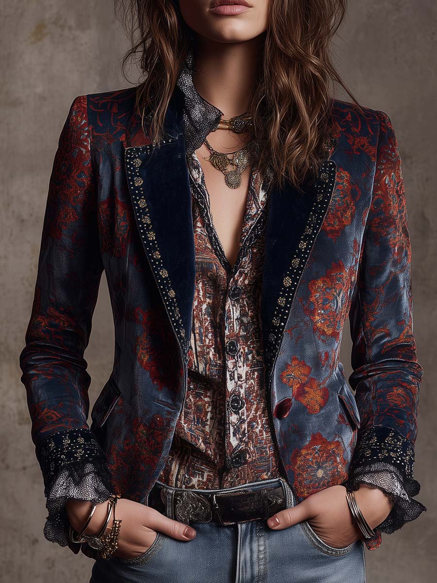 Retro Color-Blocked Ethnic Print Polyester Velvet Mid-Length Blazer