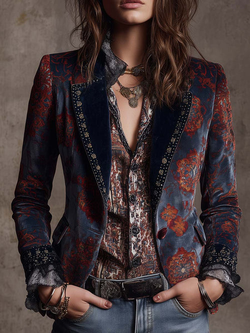 Retro Color-Blocked Ethnic Print Polyester Velvet Mid-Length Blazer