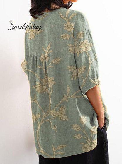 Retro Floral Art Print Casual Cotton and Linen Shirt