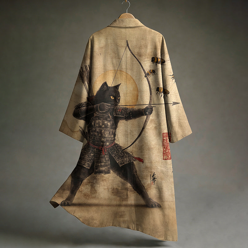 Men's Black Cat Tribal Warrior Japanese Kyudo Print Linen Long Kimono