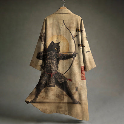 Men's Black Cat Tribal Warrior Japanese Kyudo Print Linen Long Kimono