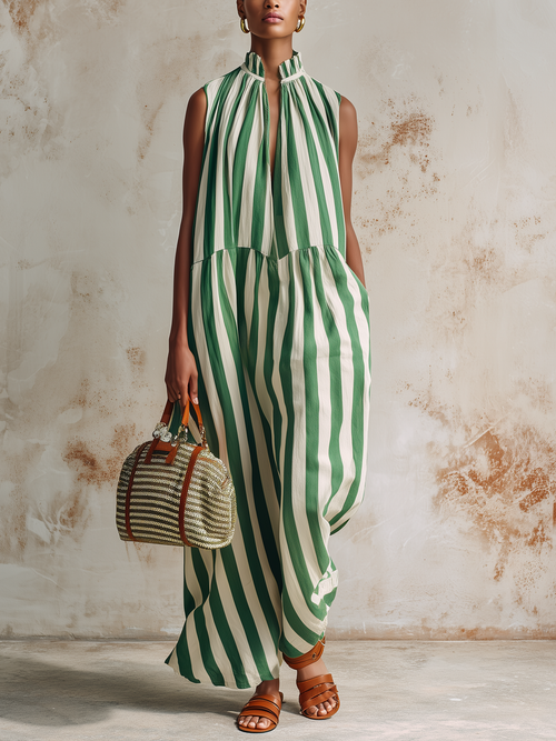 Green and White Striped Sleeveless Maxi Dress with Ruffle Neck