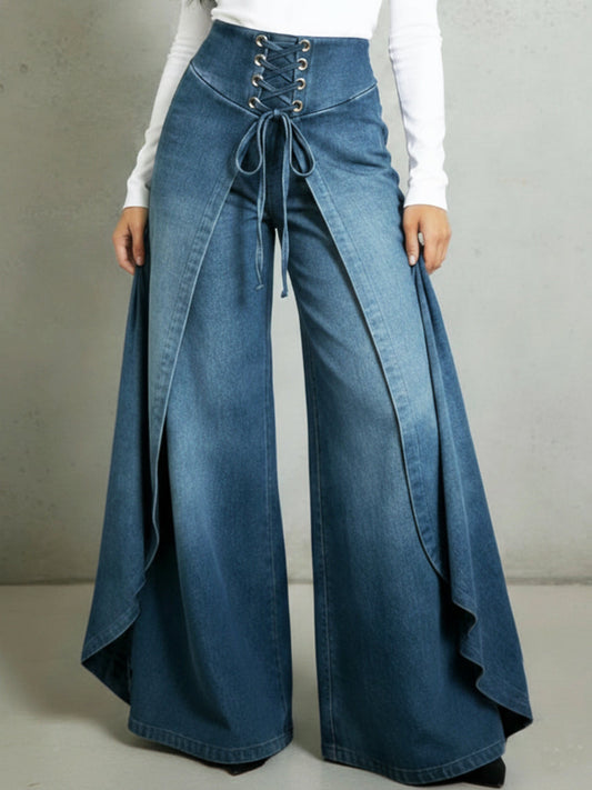 Retro High-Waisted Ruffled Hem Tie-Waist Loose-Fitting Denim Jeans