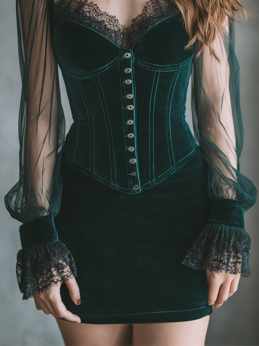 Elegant Polyester Velvet Mesh Spliced Stand Collar Slim Mini Dress