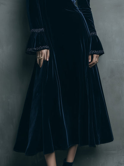 Quiet Luxury Velvet Rhinestone Bell Sleeve Midi Dress
