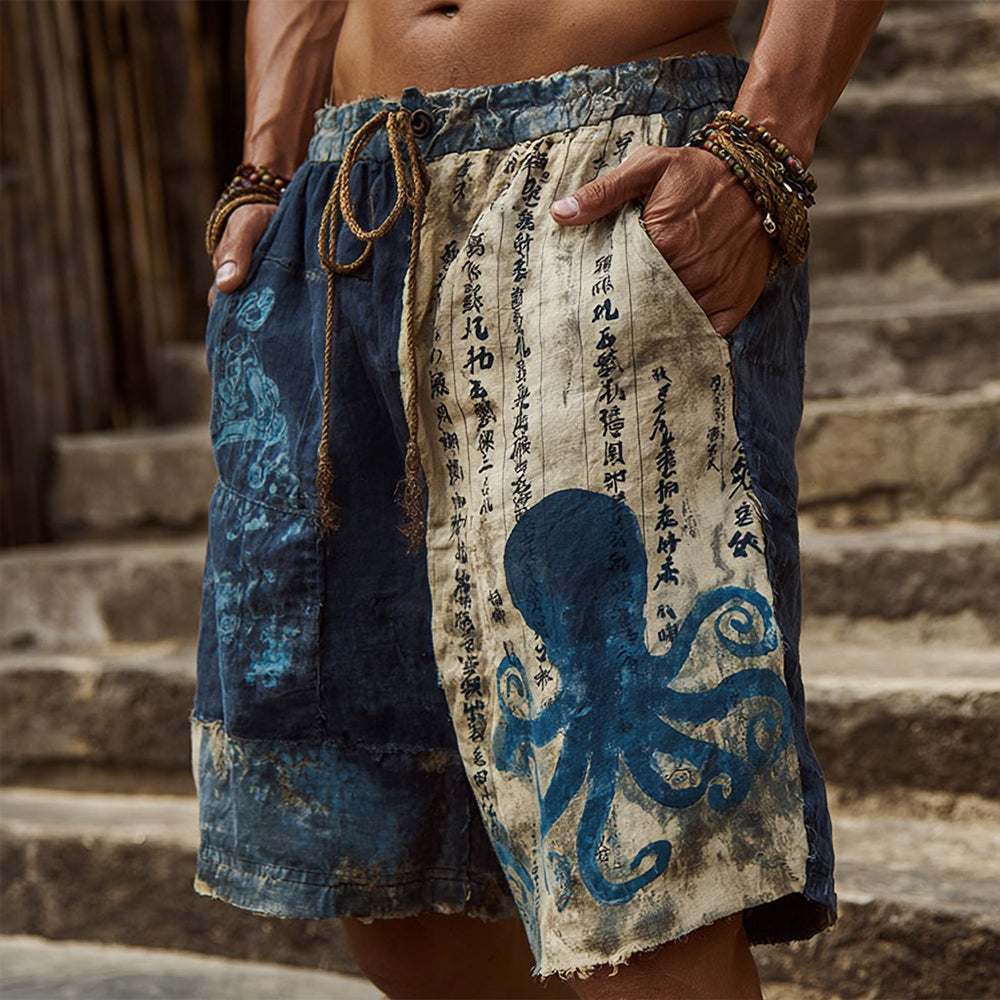 Japanese-Style Octopus Calligraphy Shibori Patchwork Distressed Cotton Linen Shorts