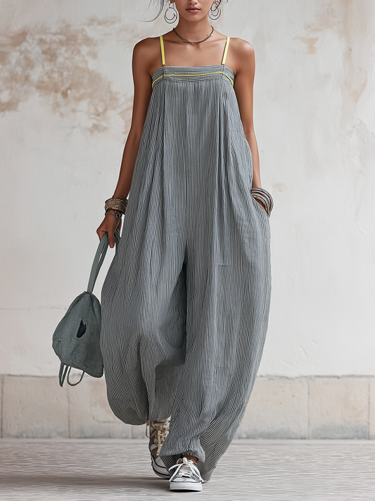 Striped Linen-Blend Balloon Jumpsuit with Contrast Straps