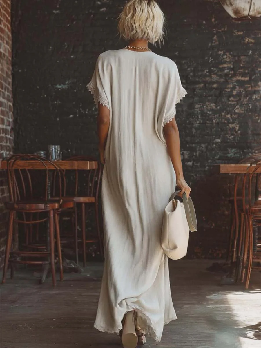 Elegant Cozy Lace-Trimmed Loose Linen-Cotton Maxi Dress