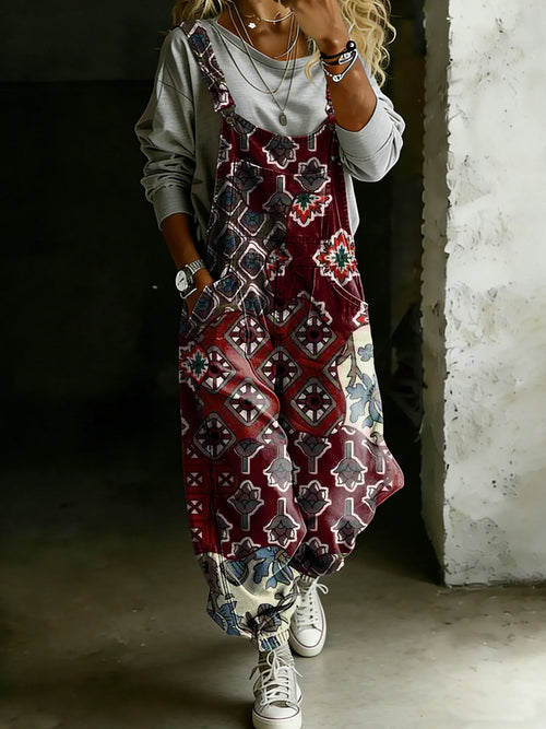 Vintage Ethnic Totem Art Print Casual One Piece Denim Jumpsuit