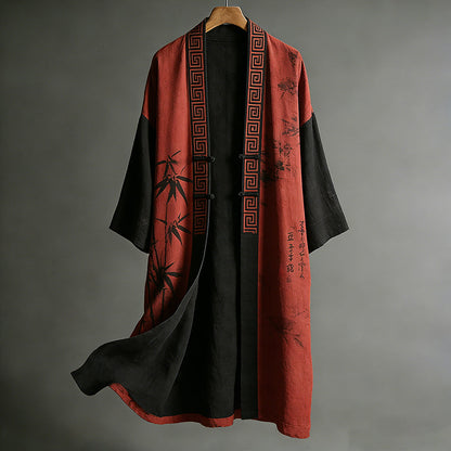 Japanese Art Ink Bamboo Print Colorblock Kimono