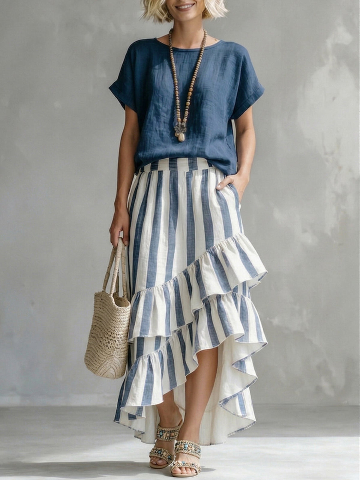 Romantic Striped Top and Ruffled Skirt Cotton-Linen Two-Piece Set