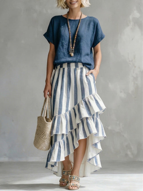 Romantic Striped Top and Ruffled Skirt Cotton-Linen Two-Piece Set