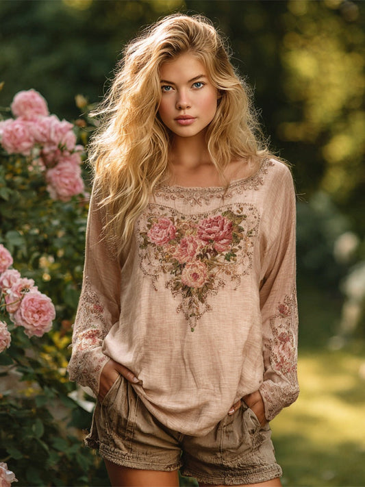 Boho Floral Embroidered Lace Casual Linen Shirt
