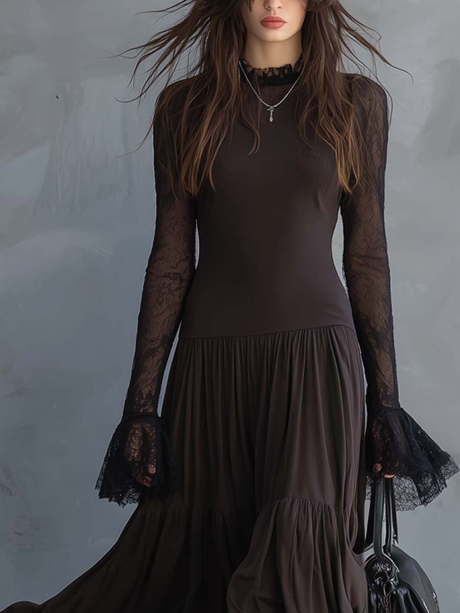 Vintage-Style Lace-Sleeved Sheer Hem Flared Cuffs Midi Dress