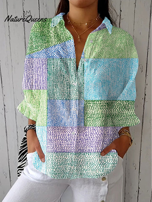 Colorful Block Spot Art Print Casual Linen V-Neck Shirt
