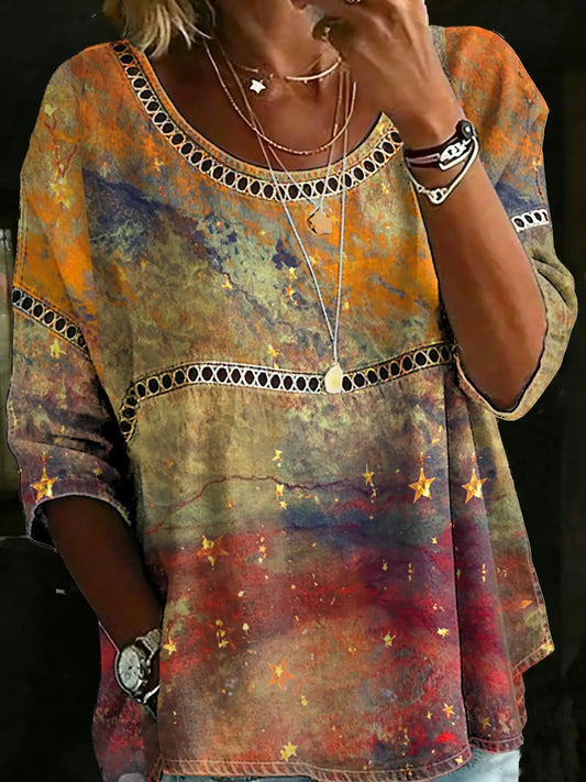 Vintage Psychedelic Star Casual Loose Denim Blouse Shirt
