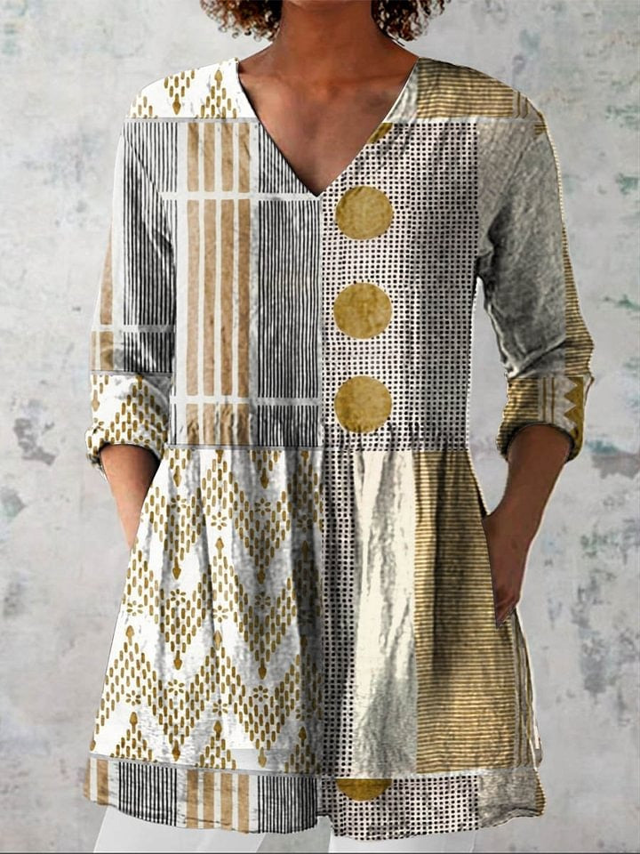 Vintage Abstract Geometry Art Print Casual Cotton and Linen 3/4-Sleeve Shirt