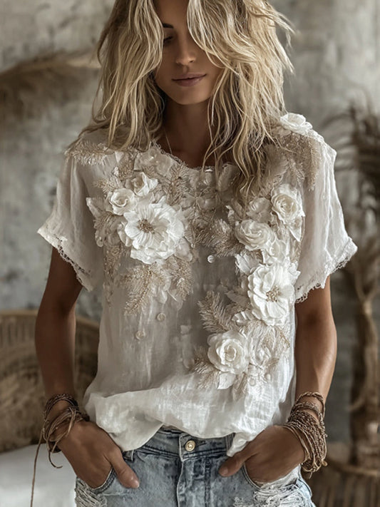 Vintage Floral Embroidery Art Short-Sleeved Linen Shirt