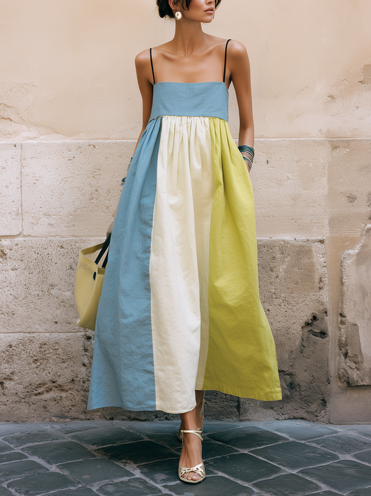Colorblock Linen-Blend Strapless Midi Dress