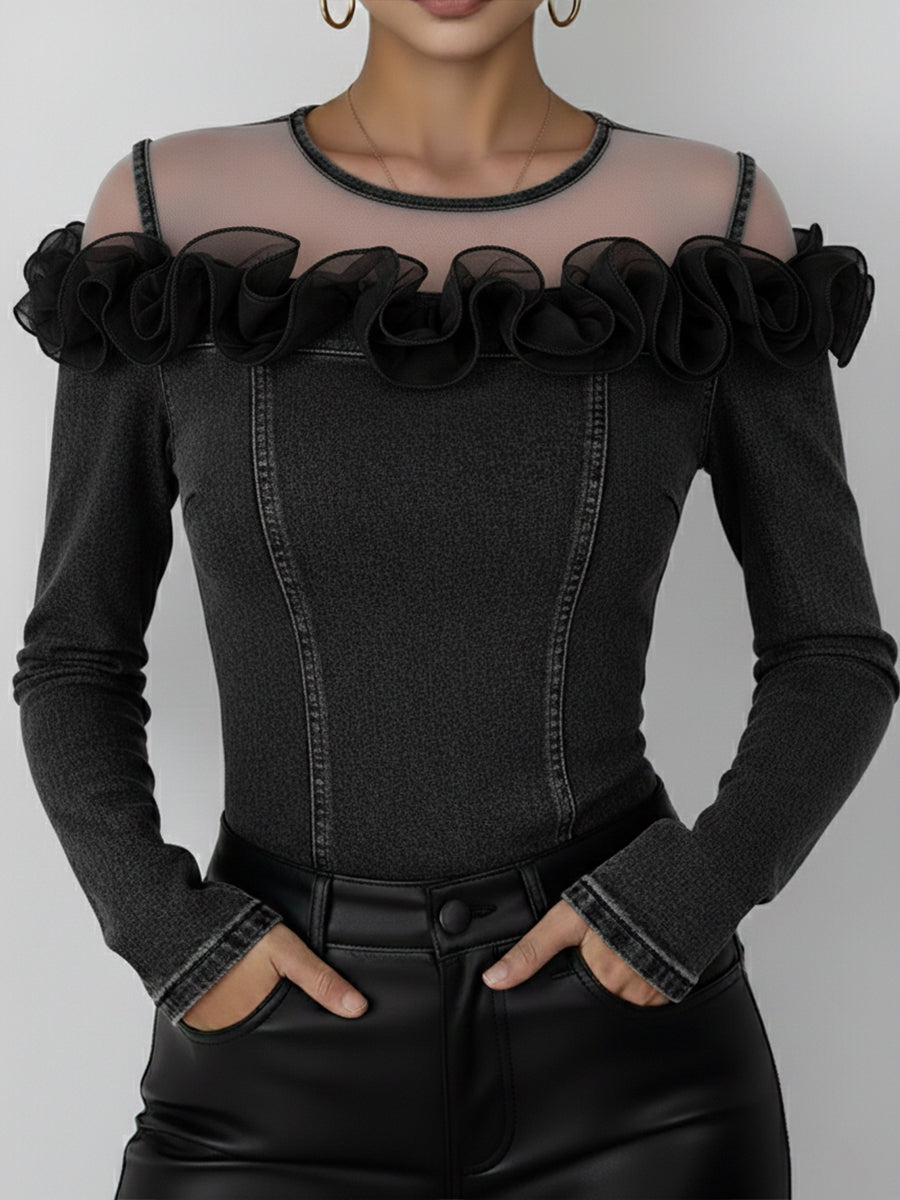 Fashionable Patchwork Mesh Organza Ruffled Denim Top
