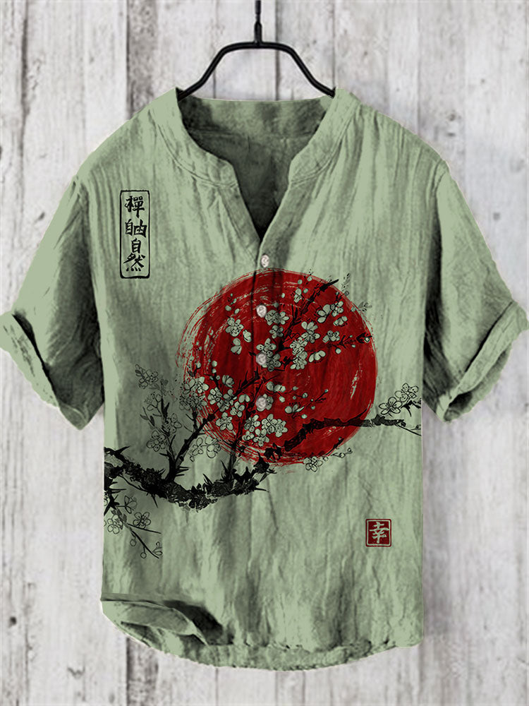 Japanese Ink Painting of Sunrise Art Linen Blend