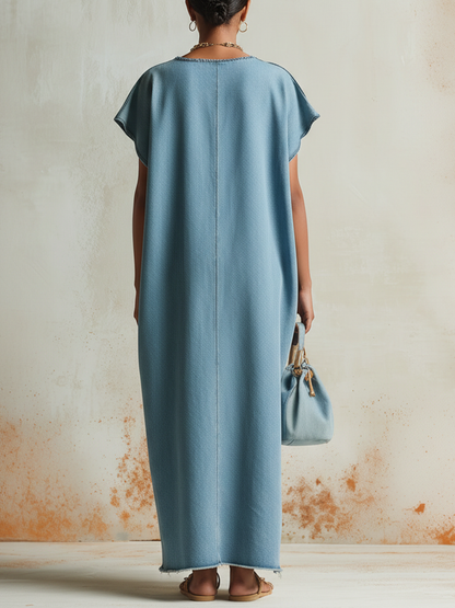 Colorblock Denim Caftan Maxi Dress