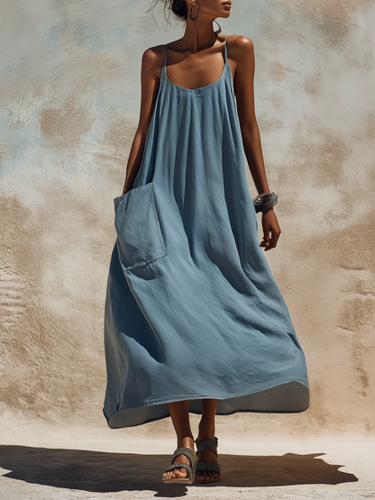 Slate Blue Linen-Blend Maxi Slip Dress with Oversized Pocketed Casual Dress