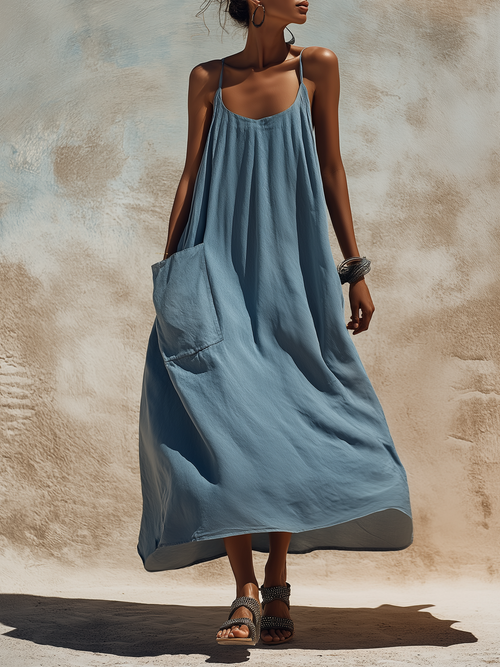 Slate Blue Linen-Blend Maxi Slip Dress with Oversized Pocketed Casual Dress