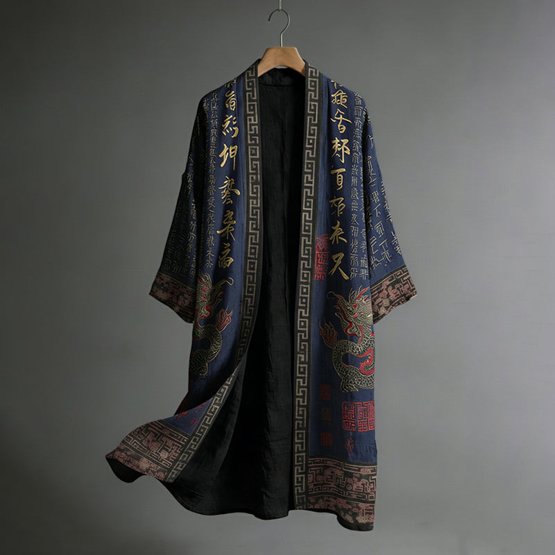 Men's Japanese Dragon Pattern Calligraphy and Painting Art Linen Long Kimono