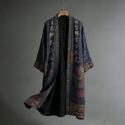 Men's Japanese Dragon Pattern Calligraphy and Painting Art Linen Long Kimono