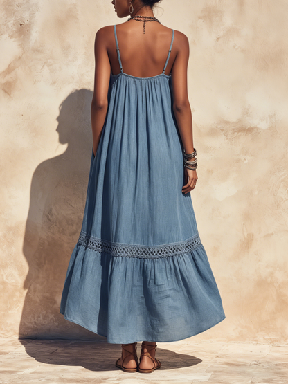 Halter Neck Flowy Maxi Dress with Crochet Trim and Pockets