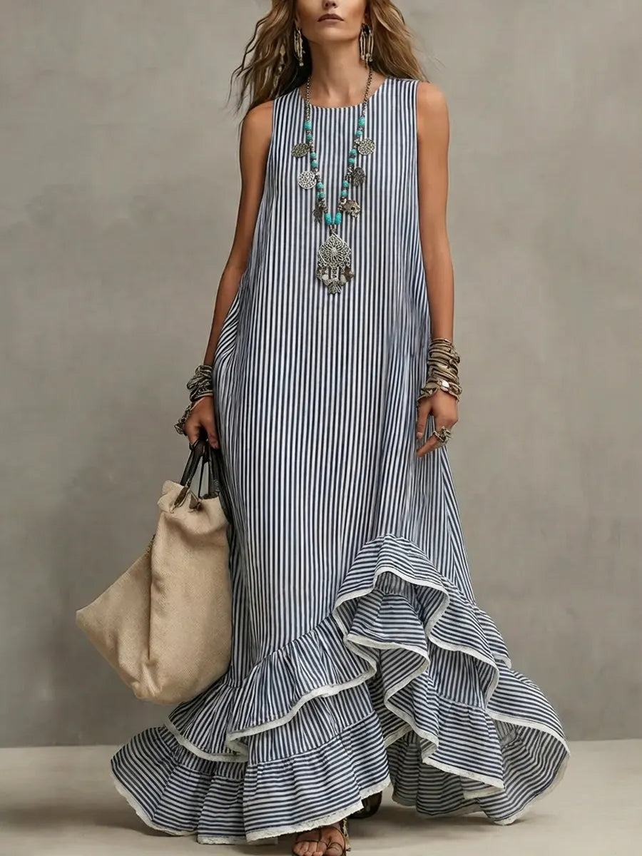 Retro Striped Art Ruffled Casual Stylish Cotton Linen Maxi Dress