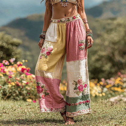 Vintage Floral Art Linen Casual Wide-Leg Pants