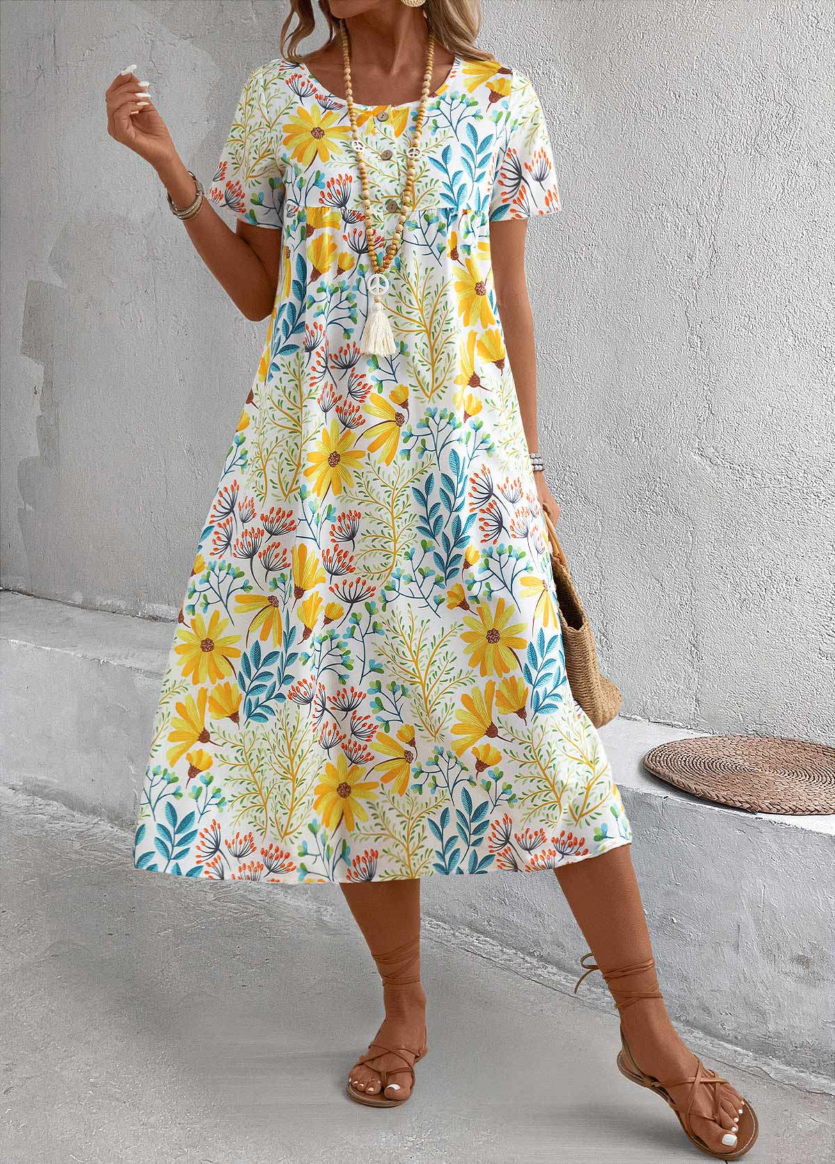 Yellow Pocket Floral Print a Line Short-Sleeve Dress