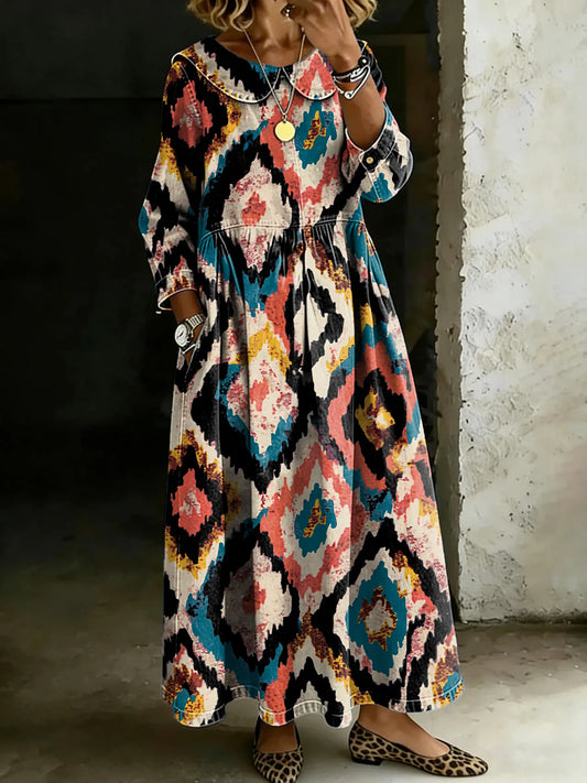 Retro Multicolor Splicing Long-Sleeved Loose-Fitting Casual Denim Dress