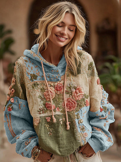 Rose Embroidery Patchwork Art Hooded Sweatshirt
