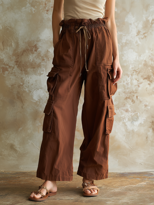 Brown High Waist Wide-Leg Cargo Pants