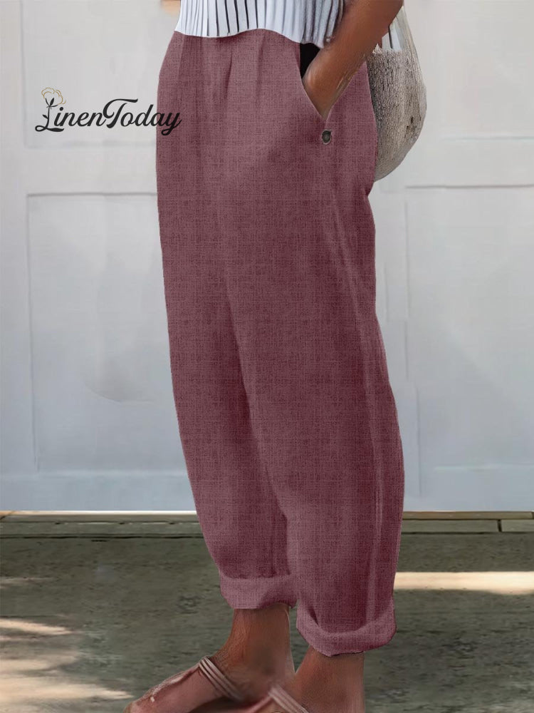 Printed Cotton and Linen Casual Pants