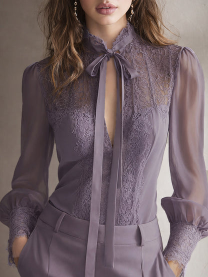 Retro Elegant Lace Stand-Up Collar Tie Neck Chiffon Blouse