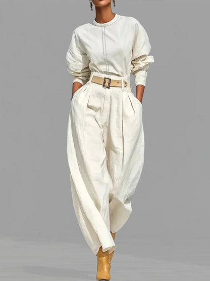 Casual Linen and Cotton Crew-Neck Shirt and High-Waisted Tapered Trousers Two-Piece Set