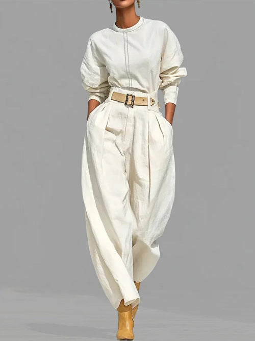 Casual Linen and Cotton Crew-Neck Shirt and High-Waisted Tapered Trousers Two-Piece Set