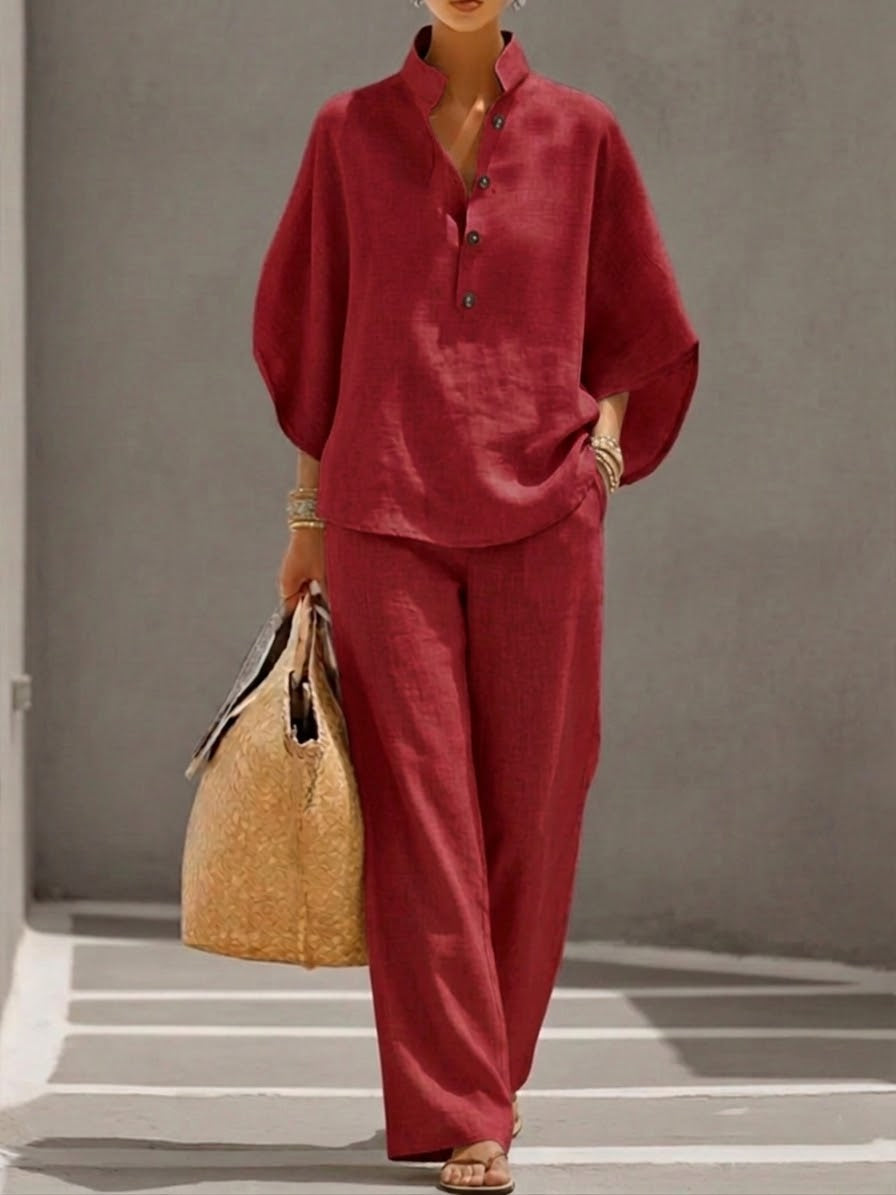 Batwing Sleeve Linen Cotton Two-Piece Set with Casual Shirt and Wide-Leg Pants Outfit