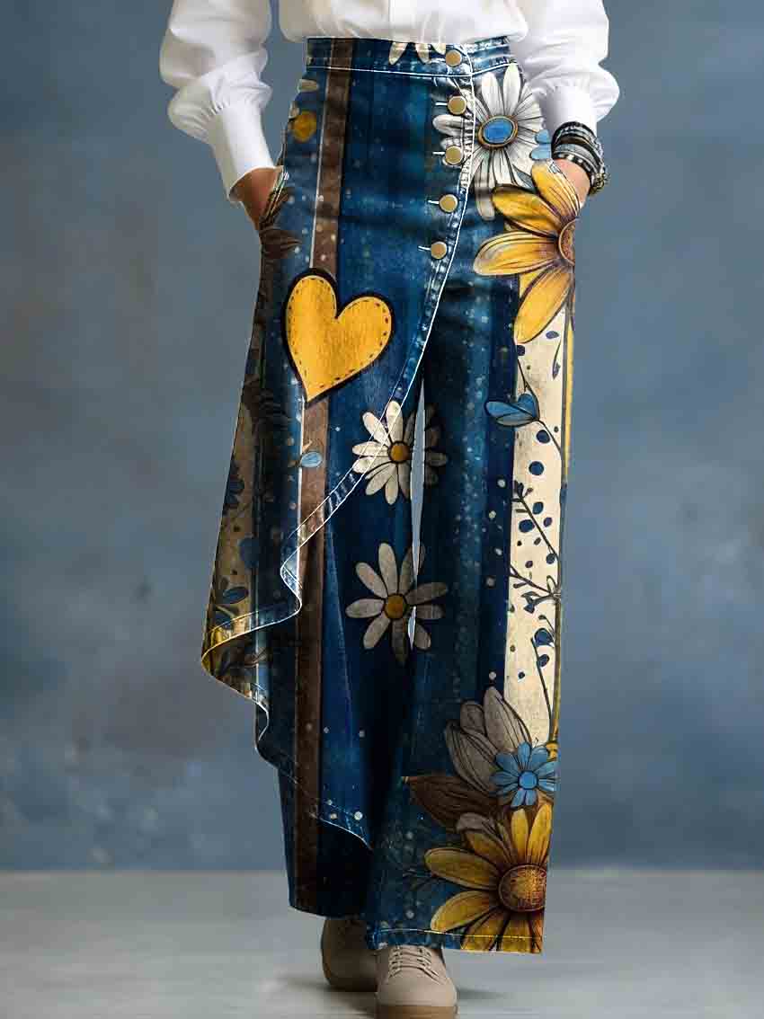 Vintage Denim Striped Yellow Daisies Art Stylish Design High-Waisted Relaxed Fit Wide-Leg Jeans