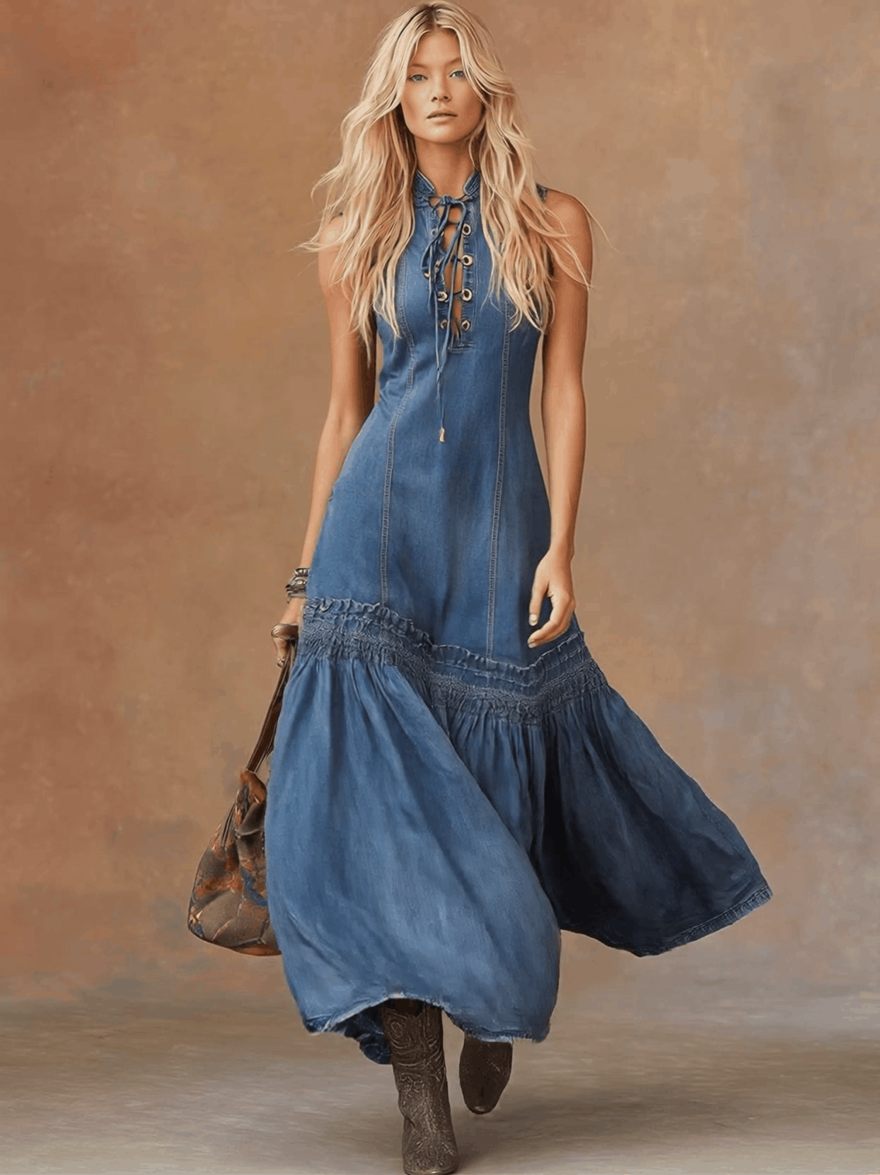Elegant Vintage Western Tie-Neck Sleeveless Bubble Hem Blue Denim Maxi Dress