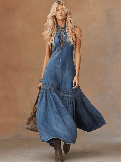 Elegant Vintage Western Tie-Neck Sleeveless Bubble Hem Blue Denim Maxi Dress