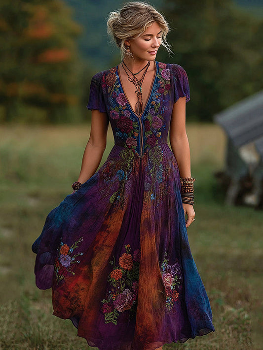 Vintage Lavender and Floral Embroidered Art Linen V-Neck Maxi Dress