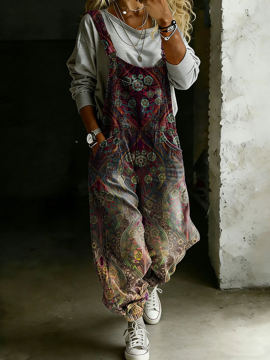 Vintage Ethnic Art Print Casual One Piece Denim Jumpsuit
